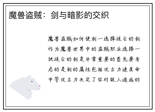 魔兽盗贼：剑与暗影的交织